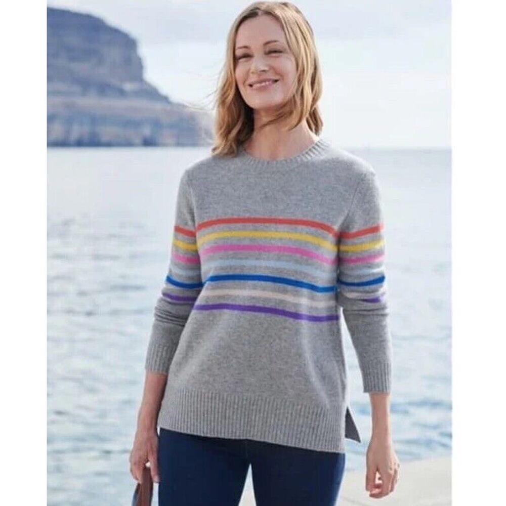Gray Crewneck Sweater with Colorful Stripe Detail